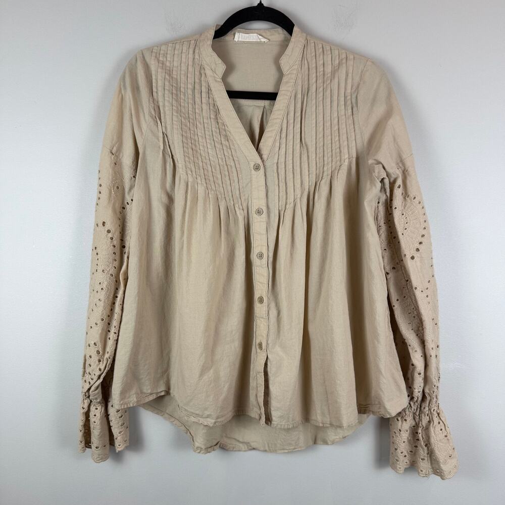 Mazik Top Womens Small Beige Button Front Eyelet Bell Sleeve Pleated Blouse Boho